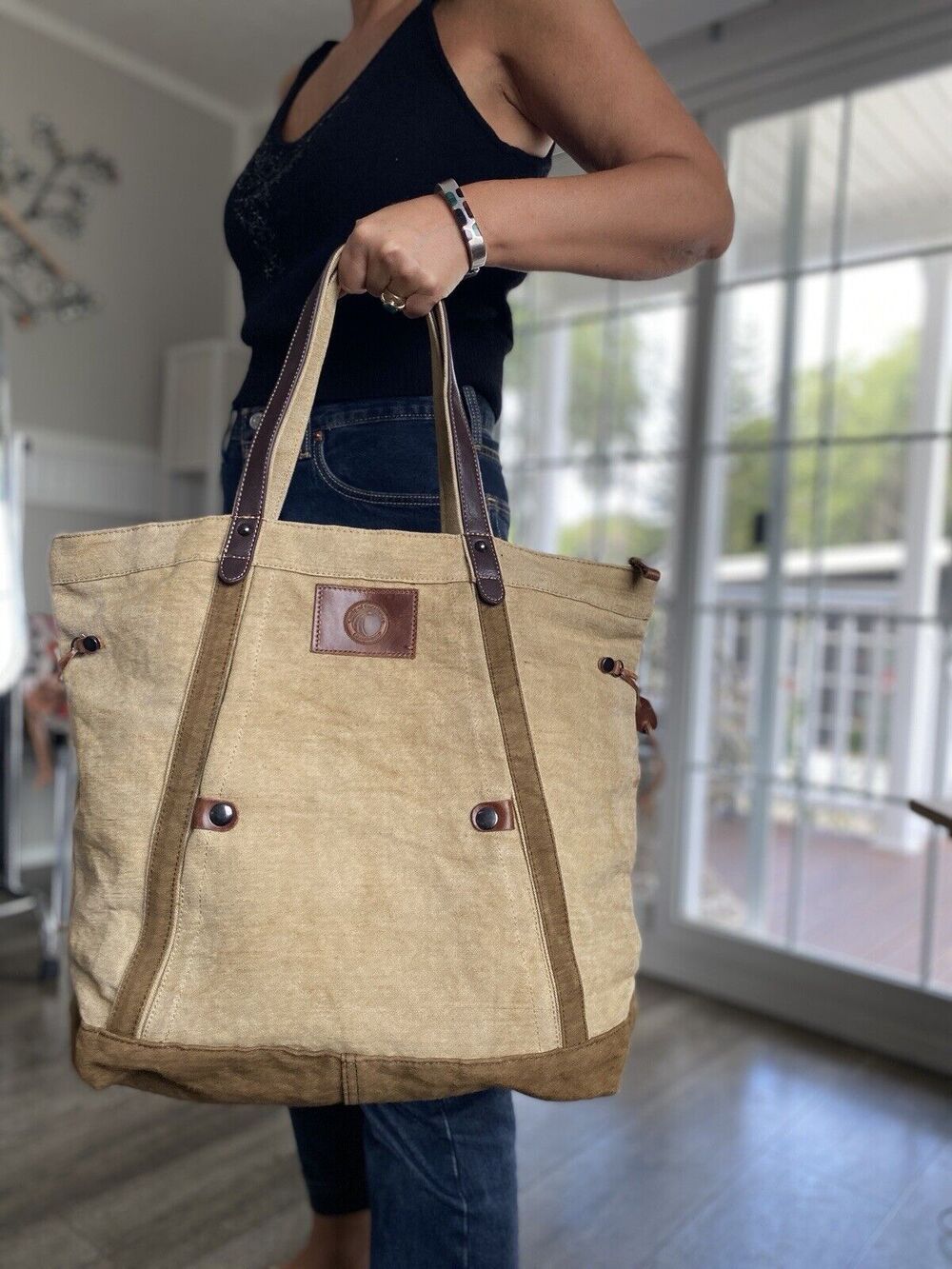 Urban Edge By Canyon Outback Tan Linen Cotton Leather Tote Travel Bag